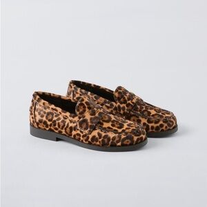ZARA • GENUINE LEATHER PONYHAIR LEOPARD ANIMAL PRINT SLIP ON DRESS PENNY LOAFERS